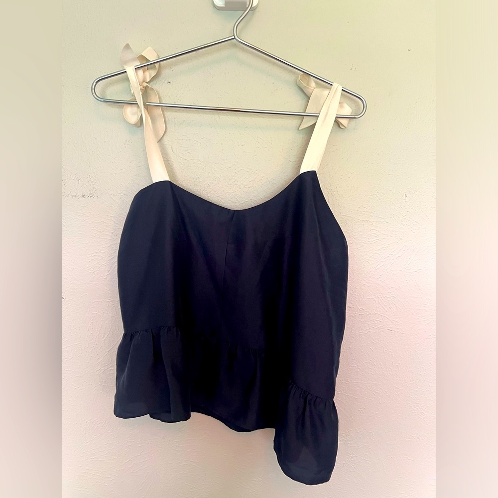 Jcrew size 6 navy blue silk peplum top with white shoulder ties